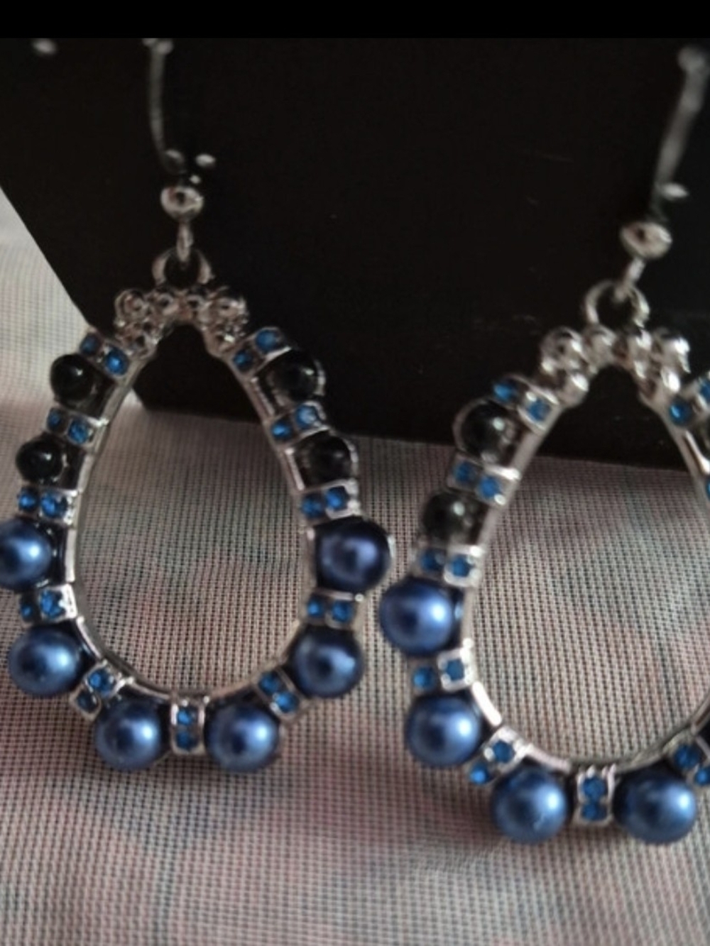 Elegant Blue Gray Pearl Teardrop Earrings with Crystal Accents Silvertone New